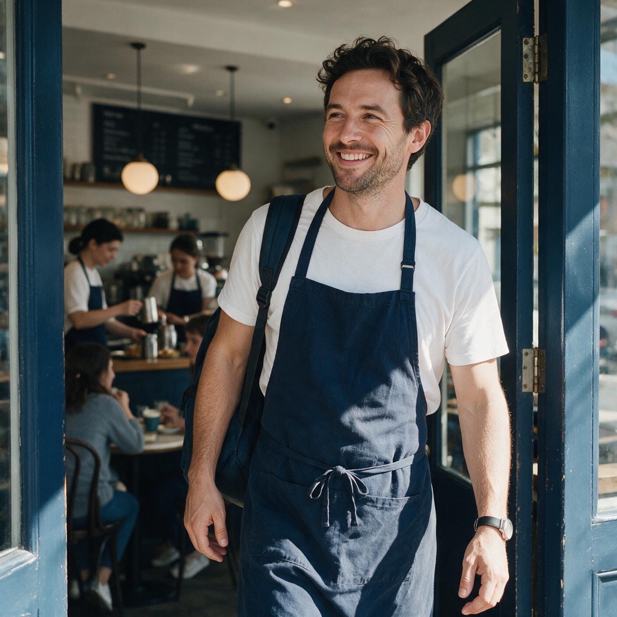A smiling cafe owner walking out of his busy cafe while his staff keep serving
